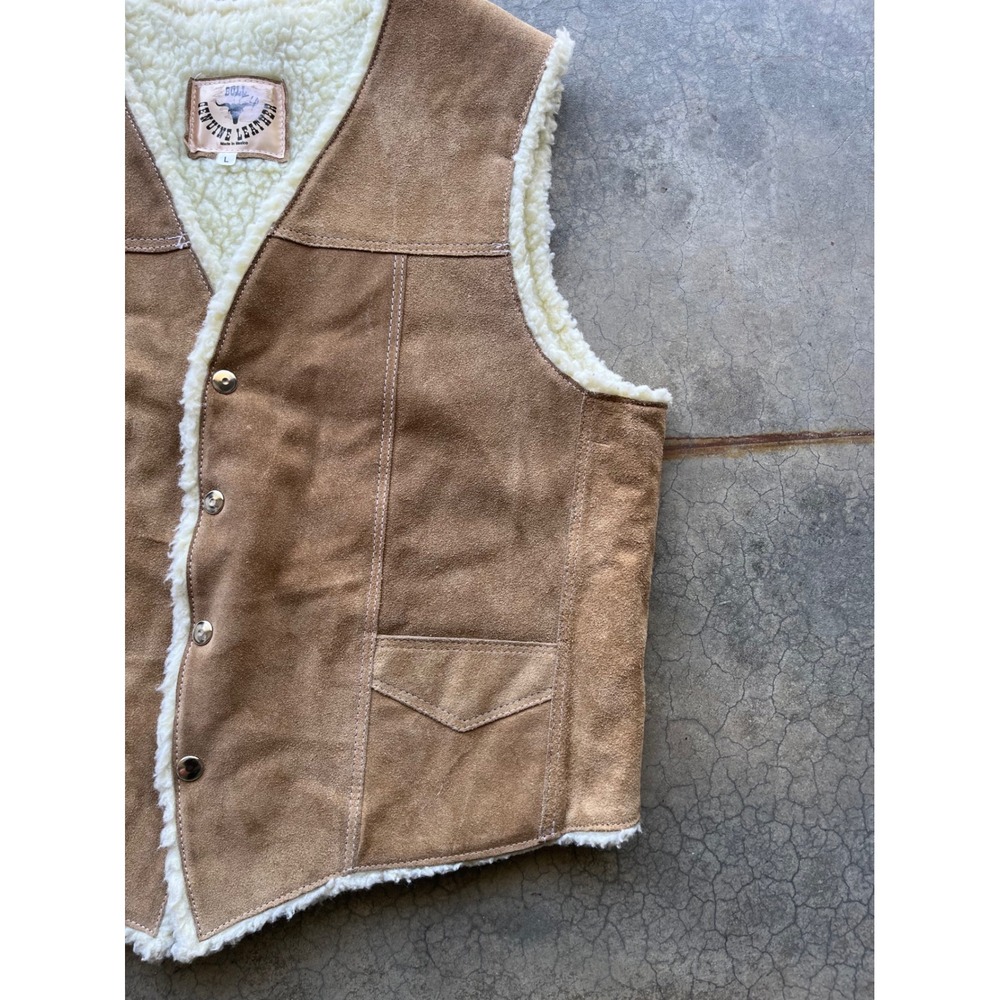 Bull Genuine Leather Suede Sherpa Lined Western Vest Tan Mens Large - Picture 3 of 7